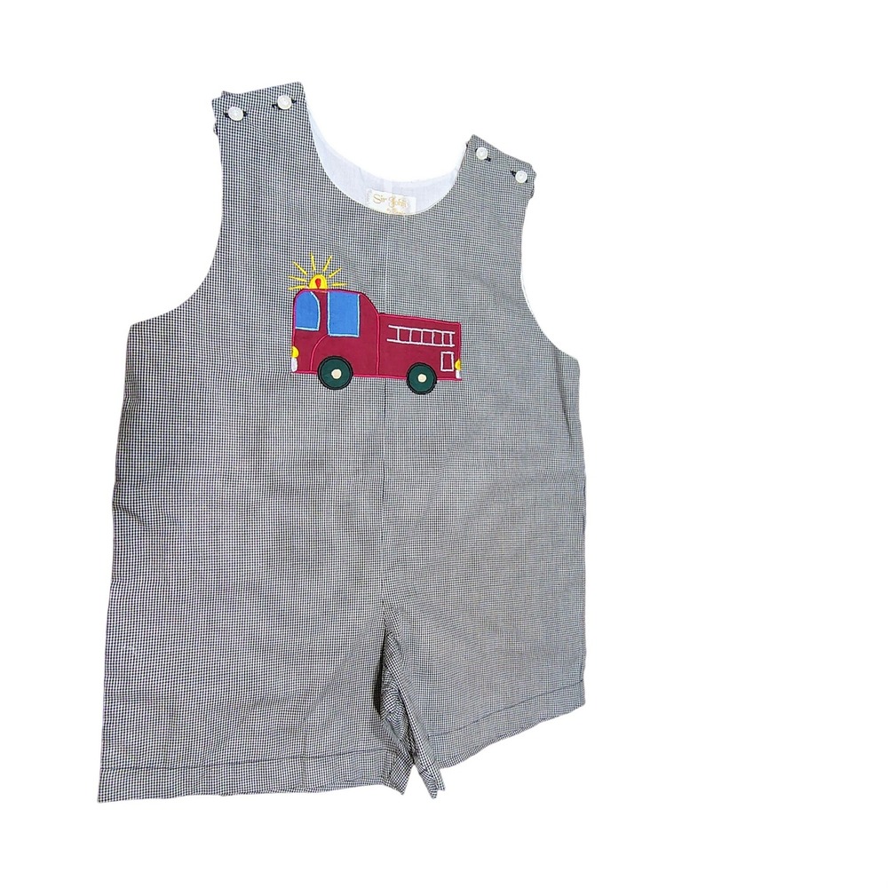 Vintage Toddler Fire Truck Gingham Jumper Romper Boys Girls Size 3T